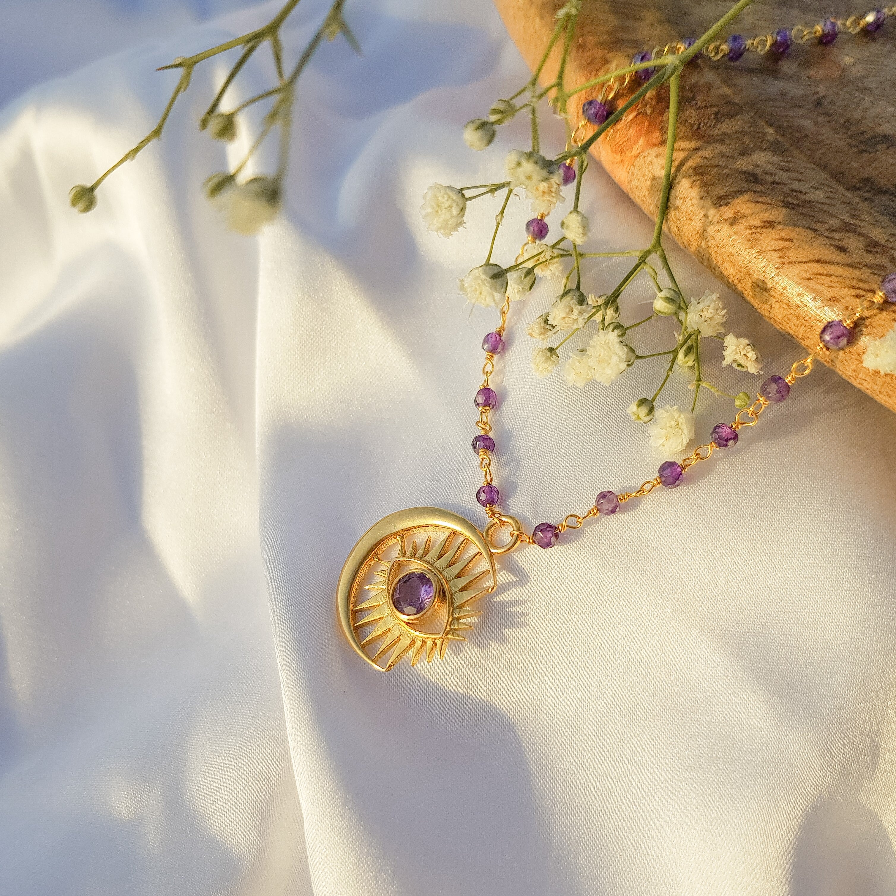 Hand-beaded necklace/anklet featuring amethyst high quality beads and a moontstone bead with a crescent moon pendant